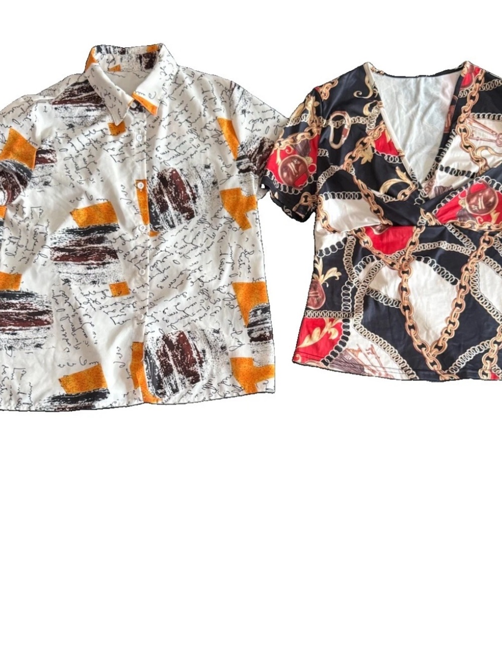 Lot Of 2 Womens Statement Tops Graphic Script & Baroque Chain Print Blouses
